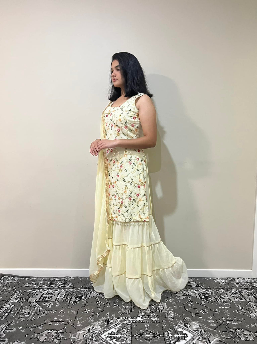 Pastel Yellow Floral Sharara