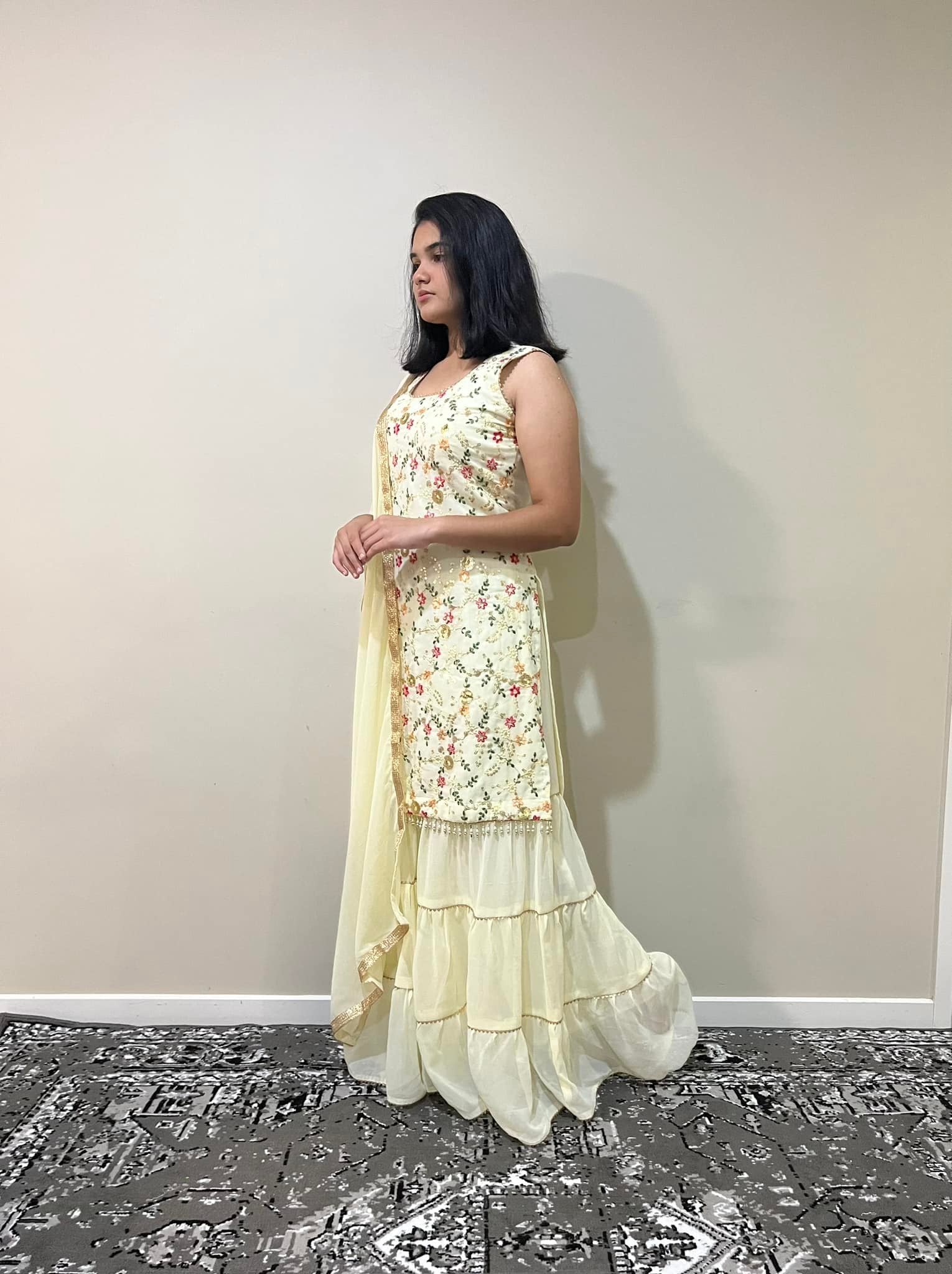 Pastel Yellow Floral Sharara