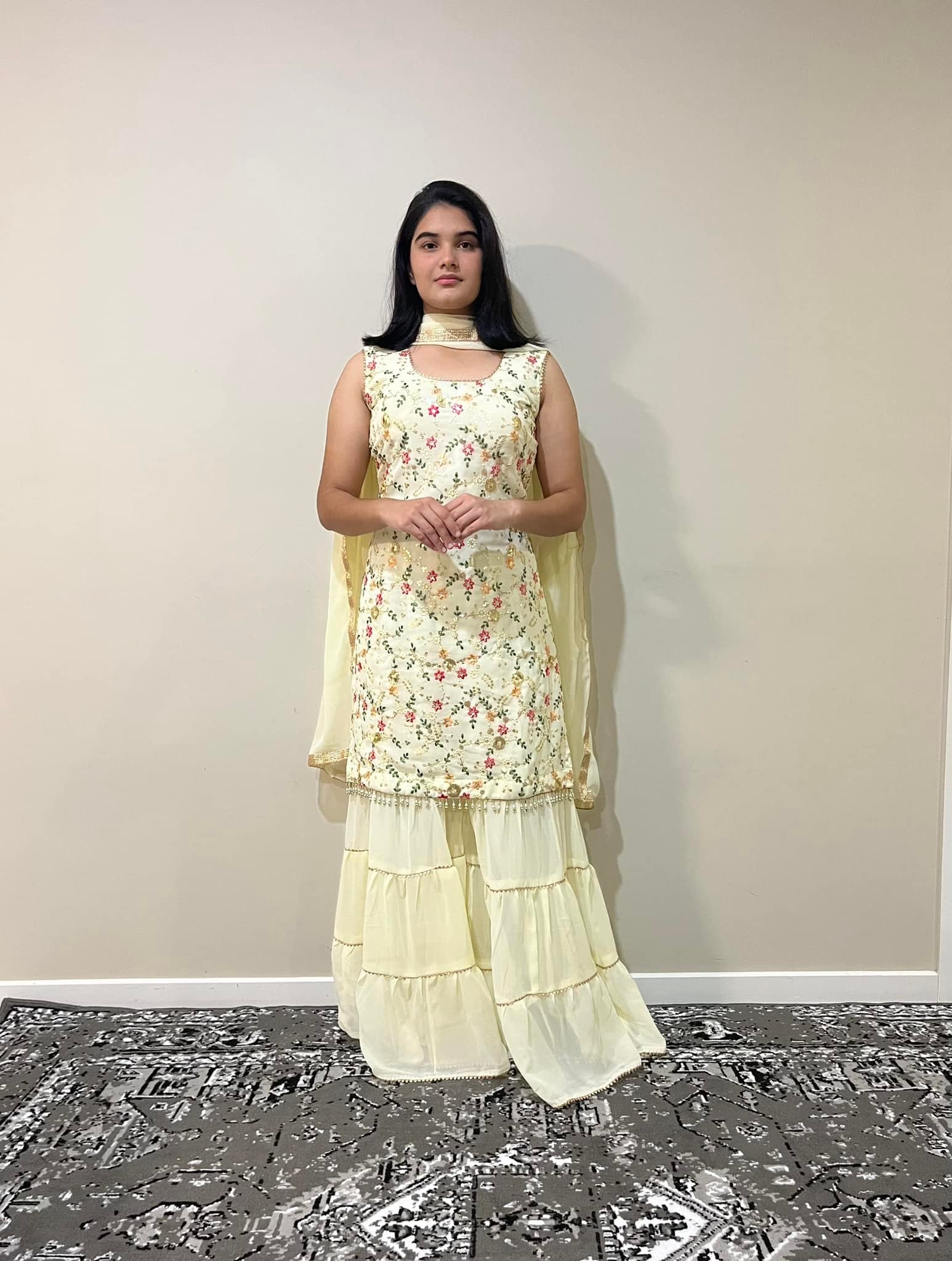 Pastel Yellow Floral Sharara