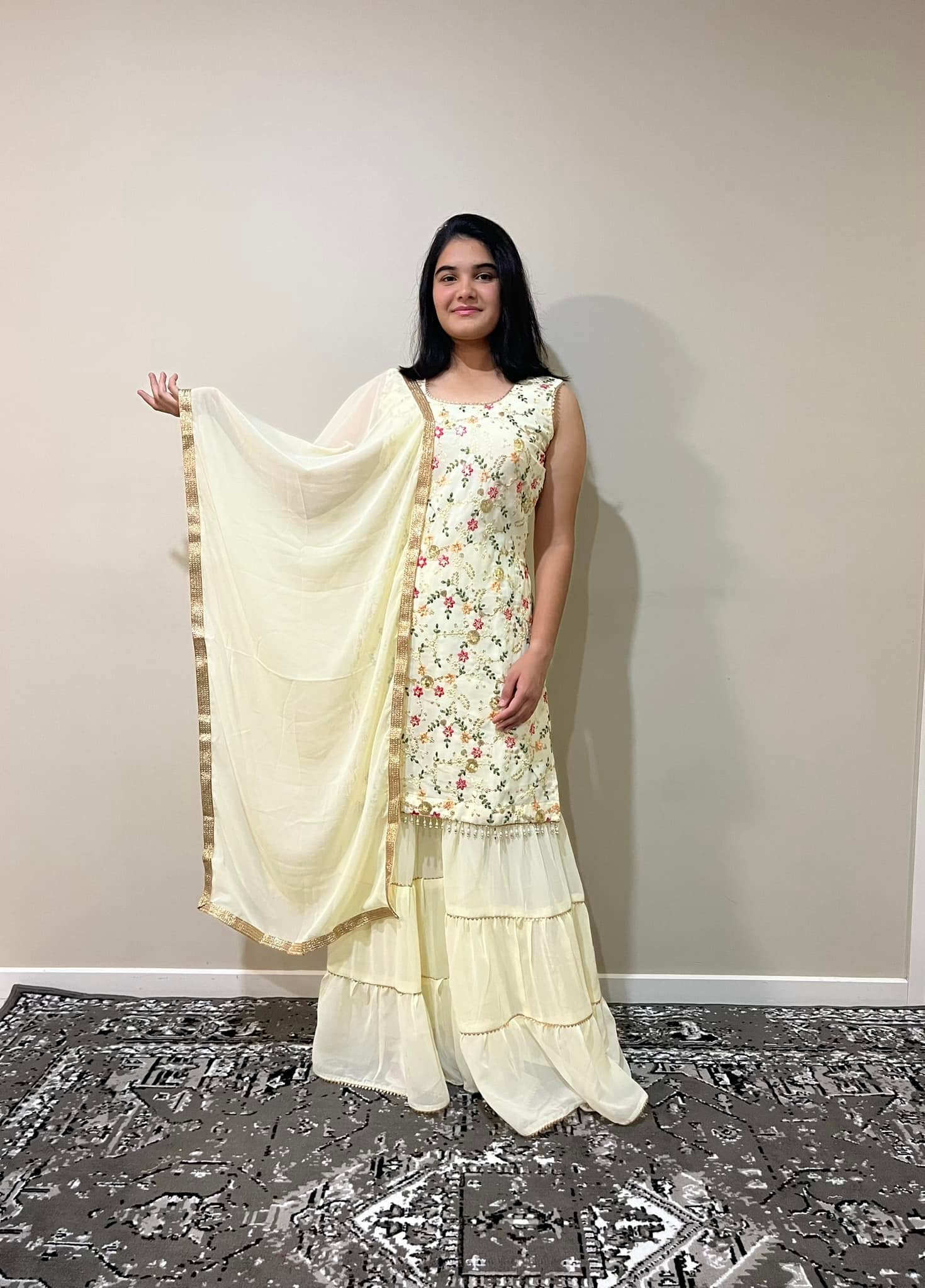 Pastel Yellow Floral Sharara